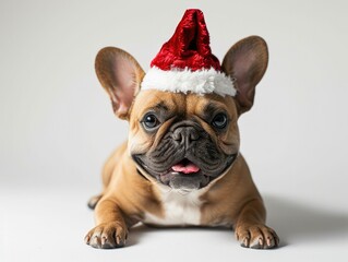 French Bulldog smiling wearing a Christmas hat, portrait,