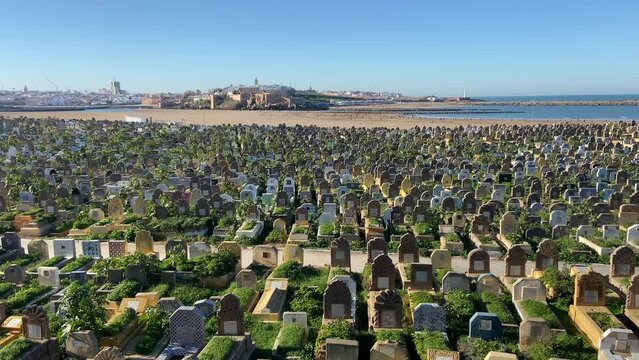 Old huge arab cemetery overlooking the sea in Rabat at sunny day
