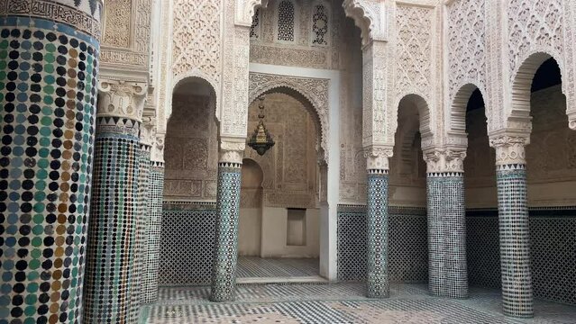 Impressive Arab architecture inside the Rabat Madrasa. Panning