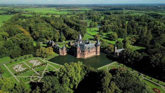 Aerial view on a Kasteel de Haar Utrecht Netherlands, old historical garden at castle de Haar Netherlands