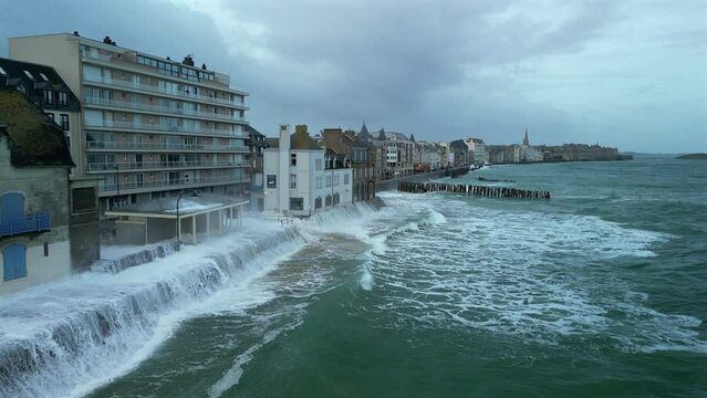 Aerial view of the high tides spectacle of Saint-Malo, France