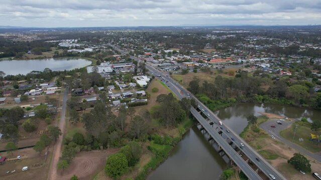 Larry Storey Bridge Across Logan River Near Tygum Lagoon And Park In Waterford, Queensland, Australia. aerial shot