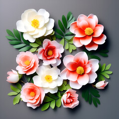 lots of bright flowers on a grey background