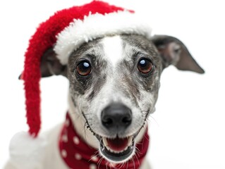 Italian Greyhound smiling wearing a Christmas hat, portrait