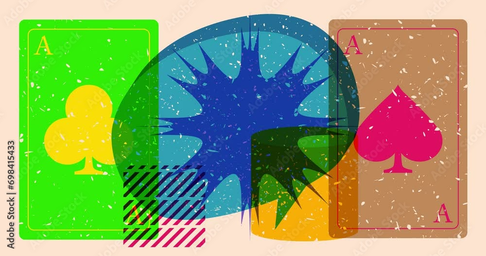 Poster risograph playing card with speech bubble and geometric shapes animation. moving object in trendy ri