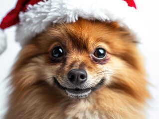 Pomeranian smiling wearing a Christmas hat, portrait