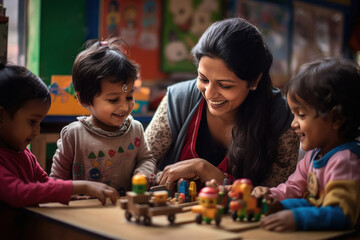 Indian children playing with toys in a kindergarten - obrazy, fototapety, plakaty