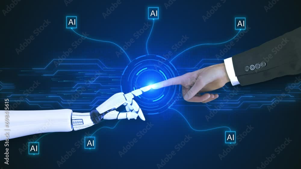 Aufkleber artificial intelligence ai circuit board electronic pcb circuit symbol businessman hand finger touch