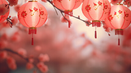 Fototapeta na wymiar Spring Festival lanterns hanging on the plum tree, festive red background