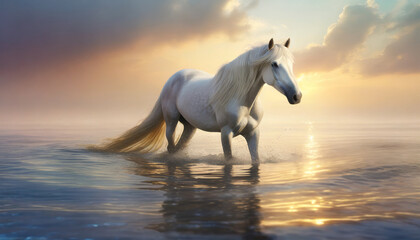 Piękny biały koń w wodzie, dekoracja ścienna, tapeta, generative ai