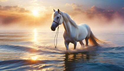 Piękny biały koń w wodzie, dekoracja ścienna, tapeta, generative ai - obrazy, fototapety, plakaty