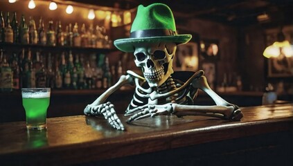skeleton of a man in a green hat in a bar drinks green beer