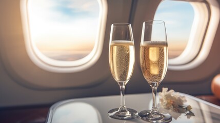 Champagne glasses on the table in the private jet plane. - obrazy, fototapety, plakaty