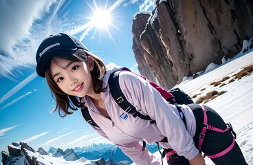 雪の残る山を登山している女性クライマー　前傾姿勢で脚のベルトを締め直している - obrazy, fototapety, plakaty