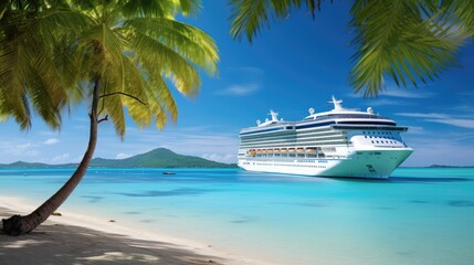Fototapeta premium Cruise Ship on The Coral Beach With Palm Tree