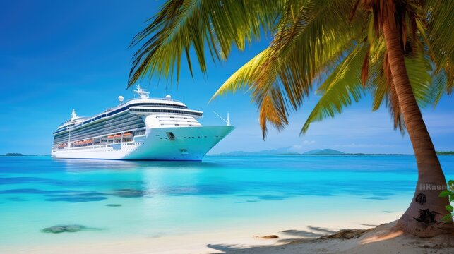 Cruise Ship on The Coral Beach With Palm Tree