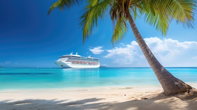 Cruise Ship on The Coral Beach With Palm Tree