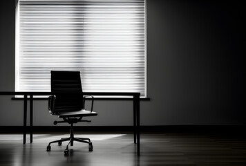 an empty office with a black chair, desk and wall