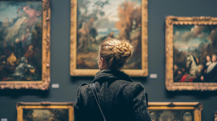 Back portrait of an adult woman looking at museum paintings in an old museum art gallery - obrazy, fototapety, plakaty