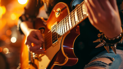 Close-up of hand of a young woman playing the electric guitar