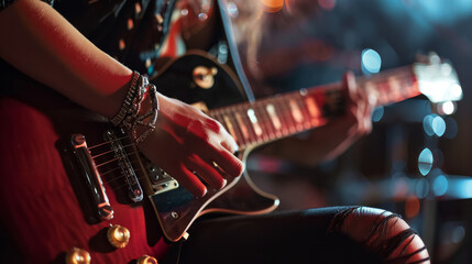 Close-up of hand of a young woman playing the electric guitar - obrazy, fototapety, plakaty