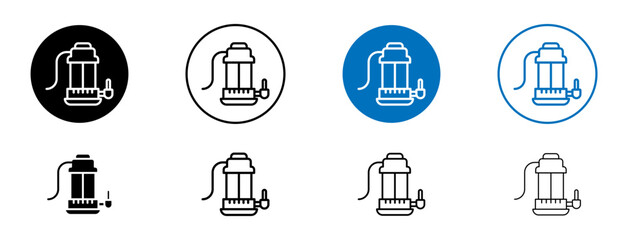 Sump pump vector icon set. Sewer plumbing submersible pump vector illustration. House drainage water pump sign in black and blue color.