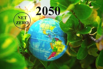 Net zero 2050 emissions icon concept in hand for the environment policy animation concept...