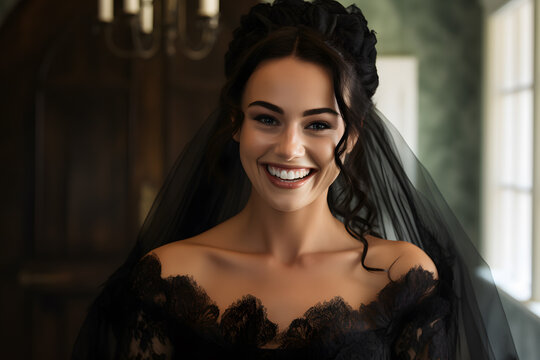Happy smiling woman in unusual black gothic wedding dress