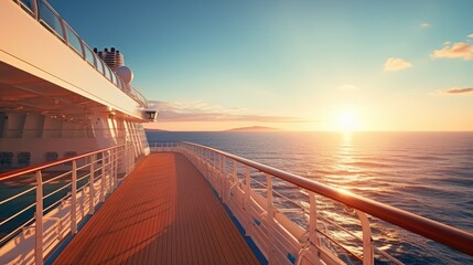 Front deck view of cruise ship. Panoramic view of the sea with a beautiful sunset just above the horizon - obrazy, fototapety, plakaty