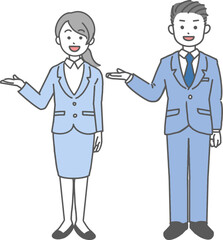 スーツ姿で案内する男女のシンプルなイラスト
