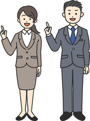 スーツ姿で立って説明する男女のイラスト
