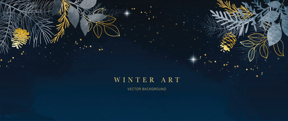 Winter night background vector. Hand painted watercolor and gold brush texture, foliage, pine leaves, glitter, pinecone, twinkling stars. Abstract art design for wallpaper, wall art, cover, banner.