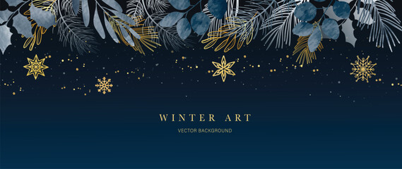 Winter night background vector. Hand painted watercolor and gold brush texture, foliage, pine leaves, glitter, snowflake, twinkling stars. Abstract art design for wallpaper, wall art, cover, banner. - obrazy, fototapety, plakaty