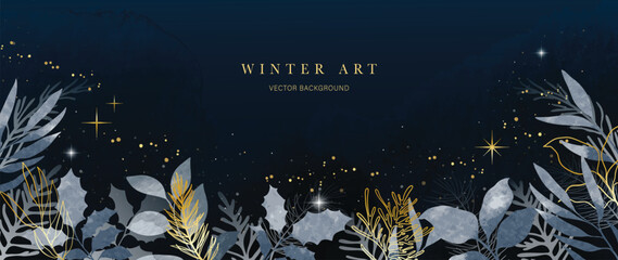 Fototapeta na wymiar Winter night background vector. Hand painted watercolor and gold brush texture, foliage, pine leaves, glitter, holly, twinkling stars. Abstract art design for wallpaper, wall art, cover, banner.