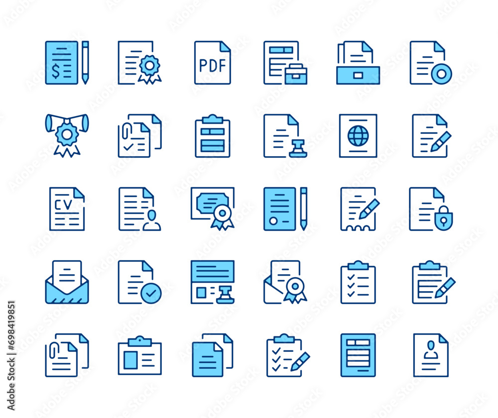 Poster document icons set. vector line icons. blue color outline stroke symbols. modern concepts