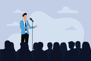 Speaker giving a speech from a lectern with microphones in front of an audience 2d flat vector illustration - obrazy, fototapety, plakaty