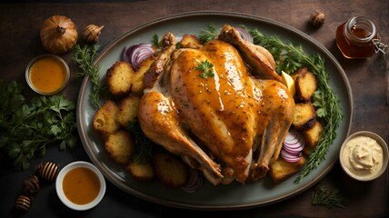 Golden Perfection: Freshly Baked Whole Chicken Glistening with Honey Sauce