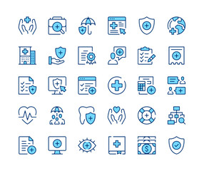 Health insurance icons set. Vector line icons. Blue color outline stroke symbols. Modern concepts