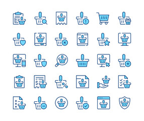 Shopping basket icons set. Vector line icons. Blue color outline stroke symbols. Modern concepts