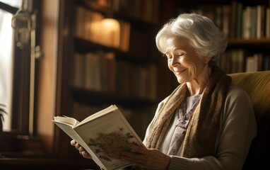 Literary Tranquility Elderly Woman Immersed in a Quiet Library