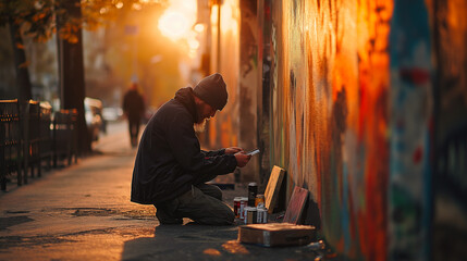 A graffiti artist creates urban artwork on the street