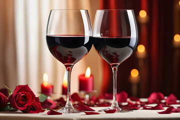 Red wine on the table to celebrate the anniversary, romantic atmosphere, Valentine's Day, confession, wedding anniversary. Generative AI