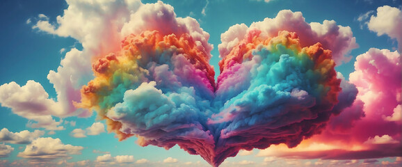 A vibrant and unique heart-shaped cloud, bursting with a rainbow of colors and radiating love in every direction. landscape