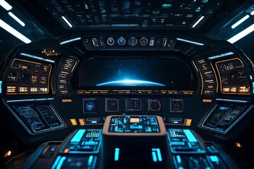 Interior of space ship cockpit in space