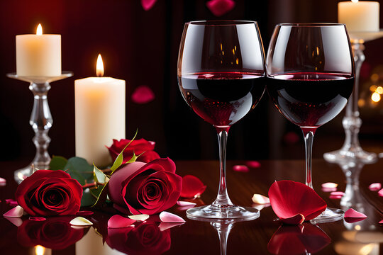 Red wine on the table to celebrate the anniversary, romantic atmosphere, Valentine's Day, confession, wedding anniversary. Generative AI