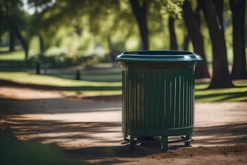 Park with an open steel trash can side view - obrazy, fototapety, plakaty