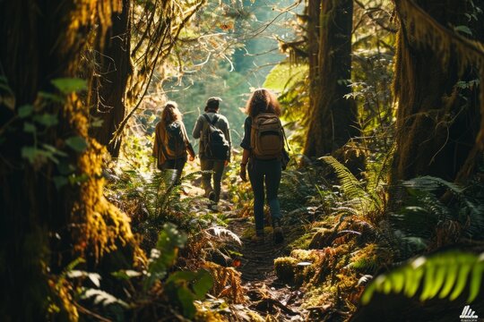 A group of friends exploring a lush, ancient forest, captivated by the serenity and vibrant life surrounding them, reveling in the joy of discovery and the interconnectedness of nature generative ai