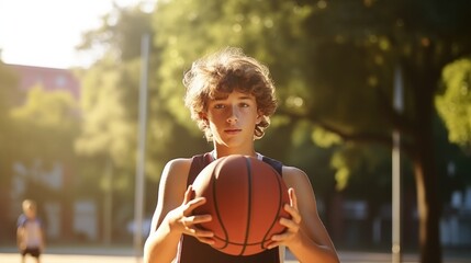 A Portrait of a Young basketball player, Practicing with a Classic Ball Outdoors.