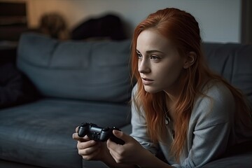 Woman playing video games home - obrazy, fototapety, plakaty