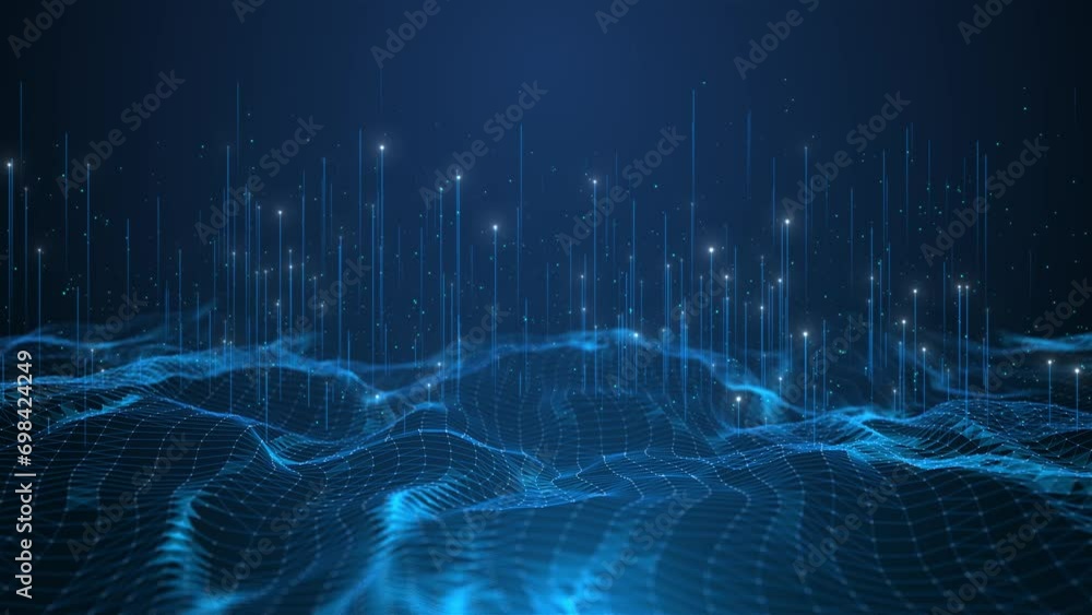 Poster 3d 4k futuristic flight digital line landscape waves, dust particle smart city big data connection t
